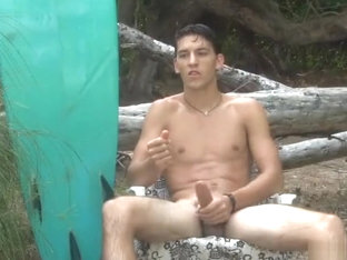 Hot tan surfer dude with a big stiff, tan cock & dark sac!